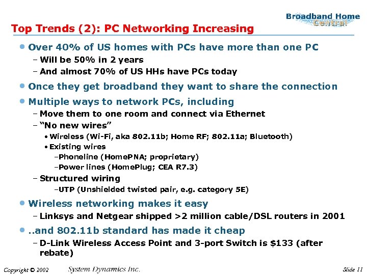 Top Trends (2): PC Networking Increasing • Over 40% of US homes with PCs