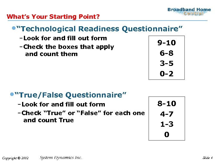 What’s Your Starting Point? • “Technological Readiness Questionnaire” –Look for and fill out form