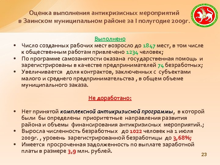 Оценка выполнения антикризисных мероприятий в Заинском муниципальном районе за I полугодие 2009 г. Выполнено