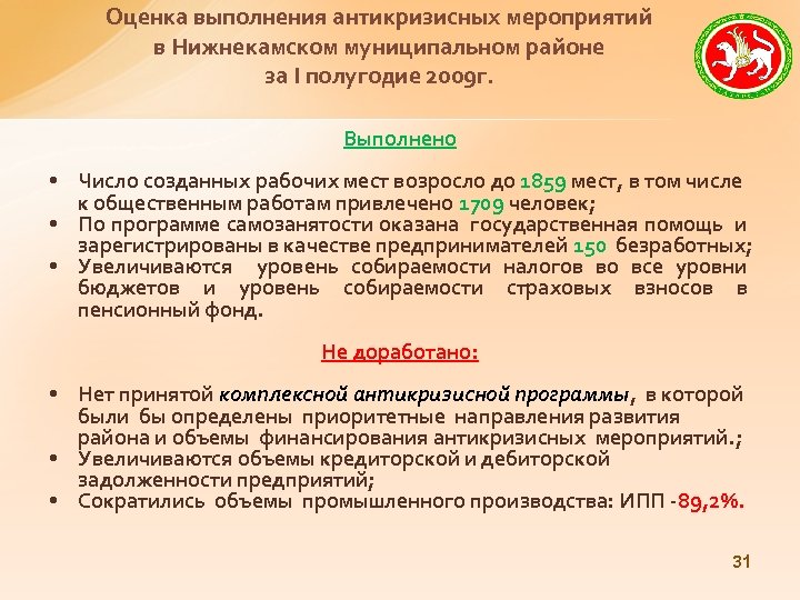 Оценка выполнения антикризисных мероприятий в Нижнекамском муниципальном районе за I полугодие 2009 г. Выполнено