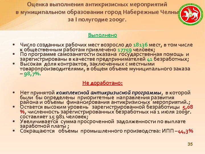 Оценка выполнения антикризисных мероприятий в муниципальном образовании город Набережные Челны за I полугодие 2009