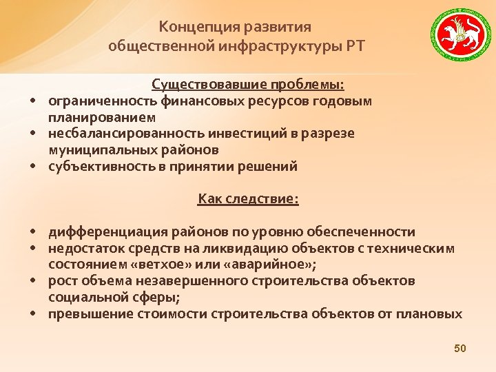 Концепция развития общественной инфраструктуры РТ Существовавшие проблемы: • ограниченность финансовых ресурсов годовым планированием •