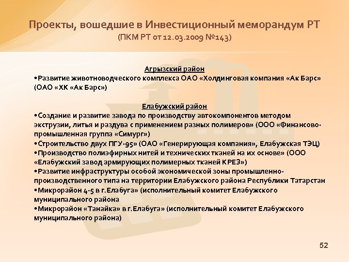 Проекты, вошедшие в Инвестиционный меморандум РТ (ПКМ РТ от 12. 03. 2009 № 143)