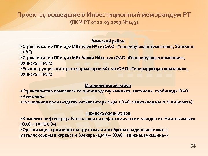 Проекты, вошедшие в Инвестиционный меморандум РТ (ПКМ РТ от 12. 03. 2009 № 143)