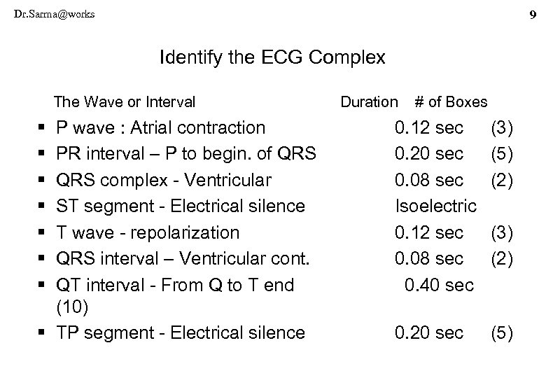 Dr. Sarma@works 9 Identify the ECG Complex The Wave or Interval § § §