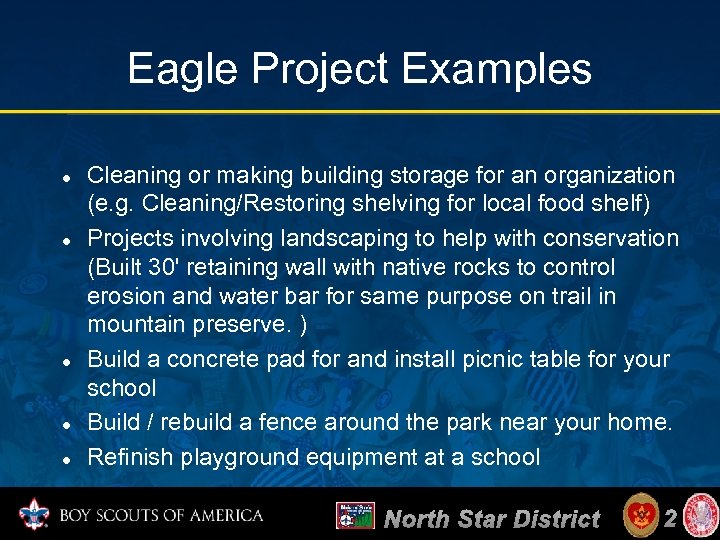 Eagle Project Examples Cleaning or making building storage for an organization (e. g. Cleaning/Restoring