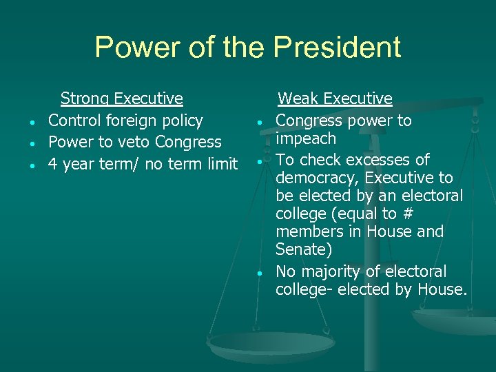 Power of the President • • • Strong Executive Control foreign policy Power to