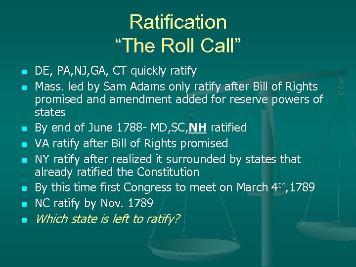 Ratification “The Roll Call” n DE, PA, NJ, GA, CT quickly ratify Mass. led
