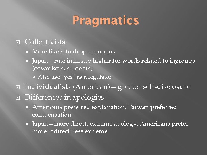 Pragmatics Collectivists More likely to drop pronouns Japan—rate intimacy higher for words related to