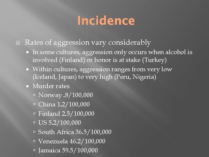 Incidence Rates of aggression vary considerably In some cultures, aggression only occurs when alcohol