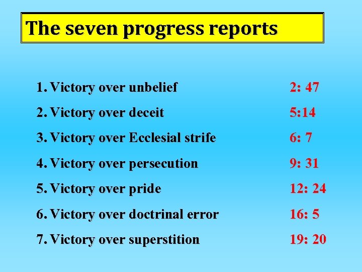 The seven progress reports 1. Victory over unbelief 2: 47 2. Victory over deceit