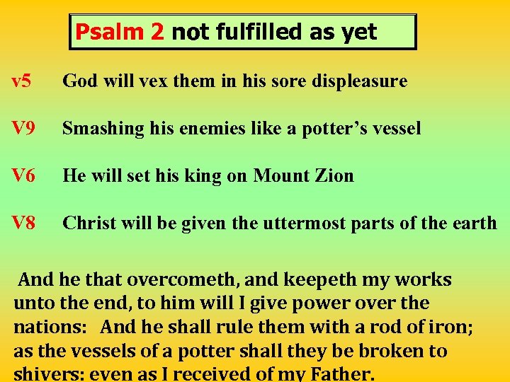 Psalm 2 not fulfilled as yet v 5 God will vex them in his