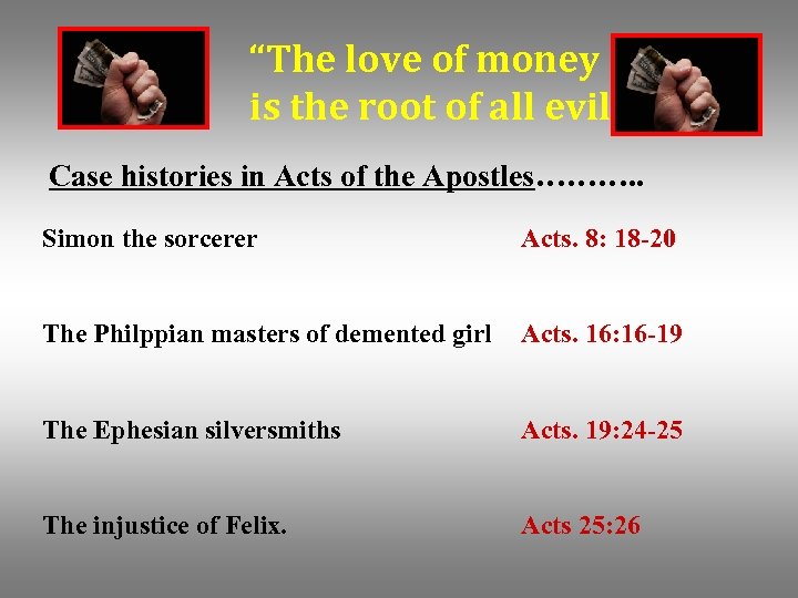 “The love of money is the root of all evil” Case histories in Acts