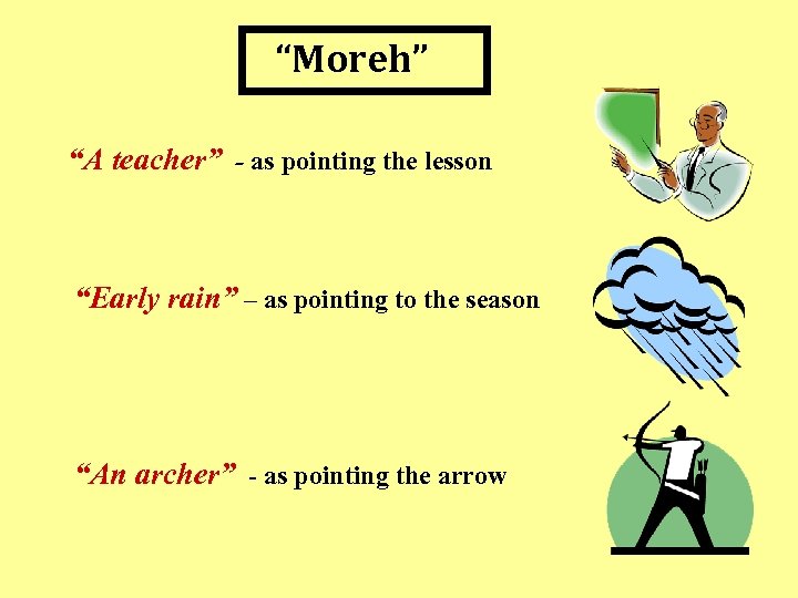 “Moreh” “A teacher” - as pointing the lesson “Early rain” – as pointing to