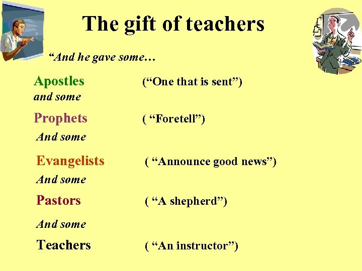 The gift of teachers “And he gave some… Apostles (“One that is sent”) and