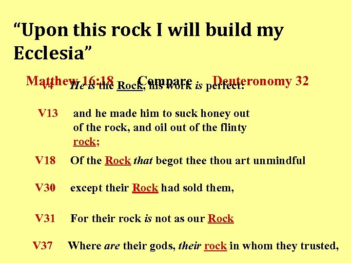 “Upon this rock I will build my Ecclesia” Matthew 16: 18 Rock, his work