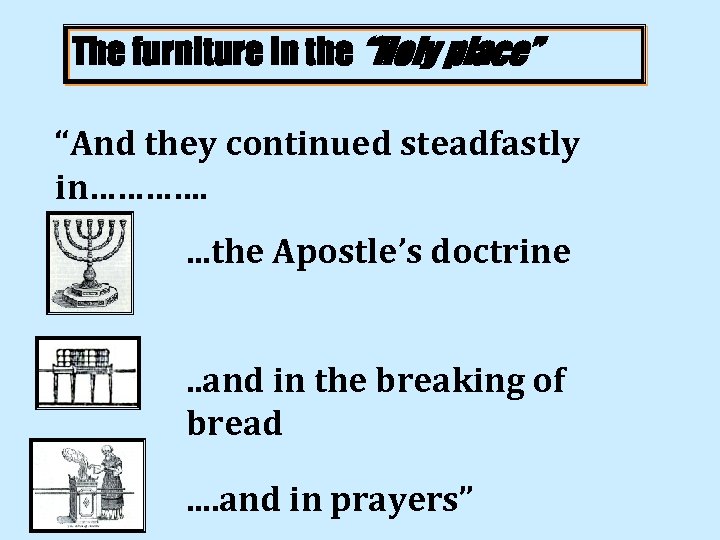 The furniture in the “Holy place” “And they continued steadfastly in…………. . the Apostle’s