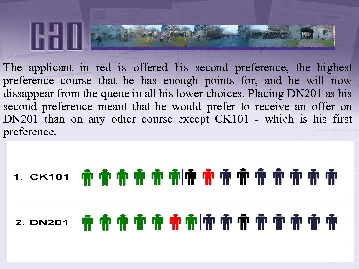 The applicant in red is offered his second preference, the highest preference course that