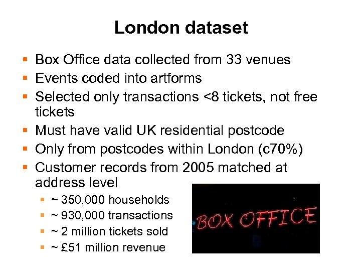 London dataset § Box Office data collected from 33 venues § Events coded into