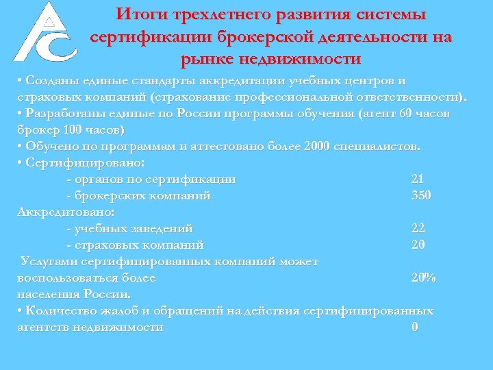 Итоги трехлетнего развития системы сертификации брокерской деятельности на рынке недвижимости • Созданы единые стандарты