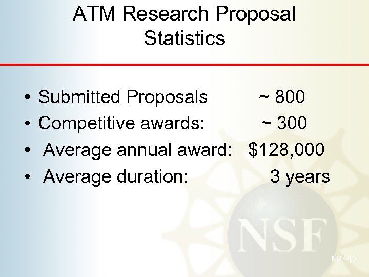 ATM Research Proposal Statistics • • Submitted Proposals ~ 800 Competitive awards: ~ 300