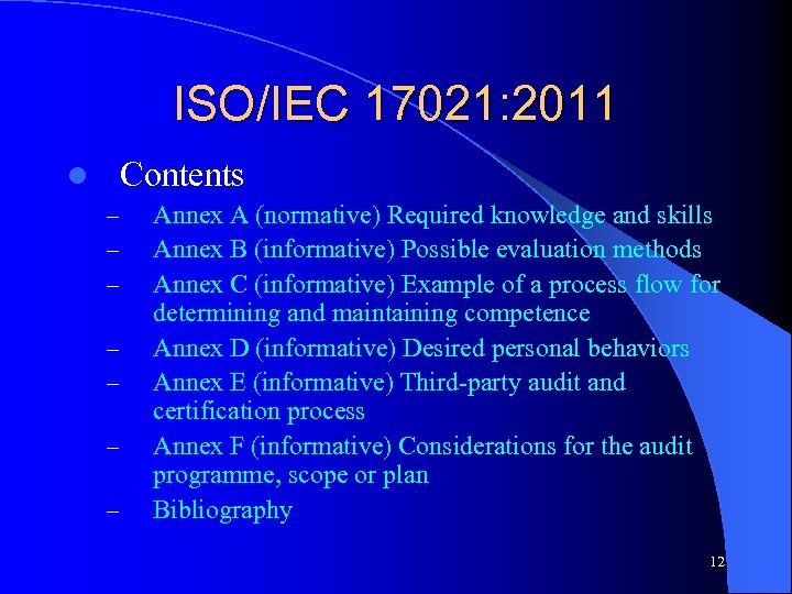 ISO/IEC 17021: 2011 Contents l – – – – Annex A (normative) Required knowledge