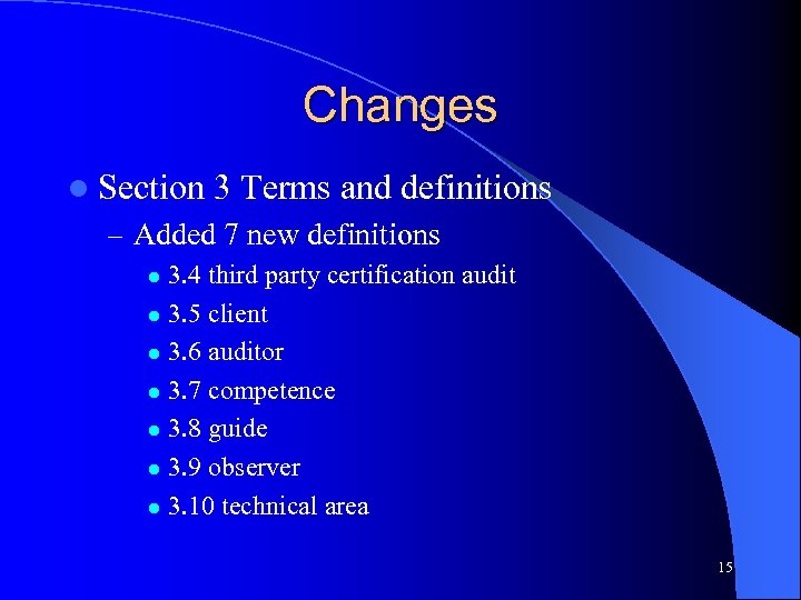 Changes l Section 3 Terms and definitions – Added 7 new definitions 3. 4