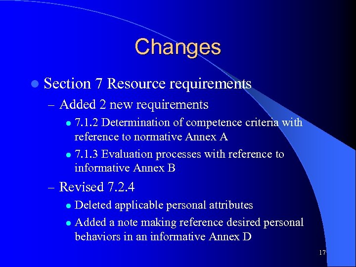 Changes l Section 7 Resource requirements – Added 2 new requirements 7. 1. 2