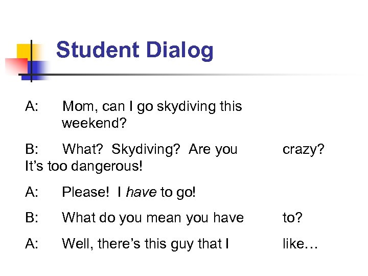 Student Dialog A: Mom, can I go skydiving this weekend? B: What? Skydiving? Are