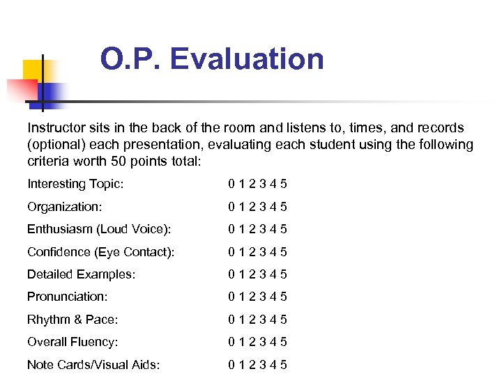 O. P. Evaluation Instructor sits in the back of the room and listens to,