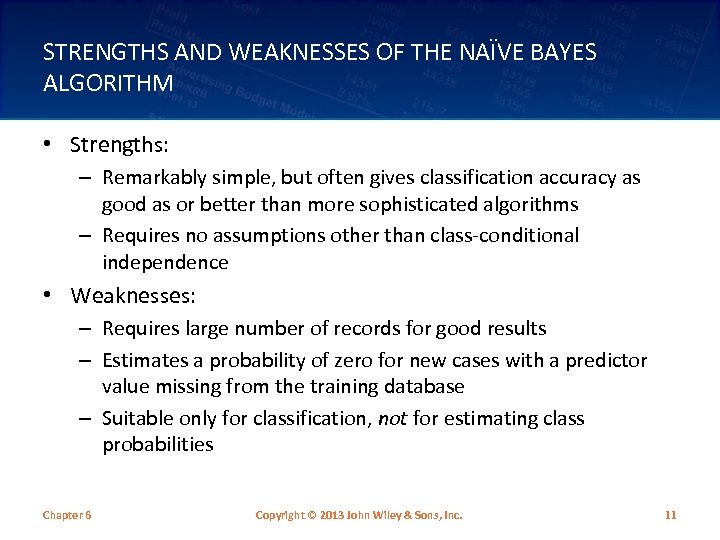STRENGTHS AND WEAKNESSES OF THE NAÏVE BAYES ALGORITHM • Strengths: – Remarkably simple, but
