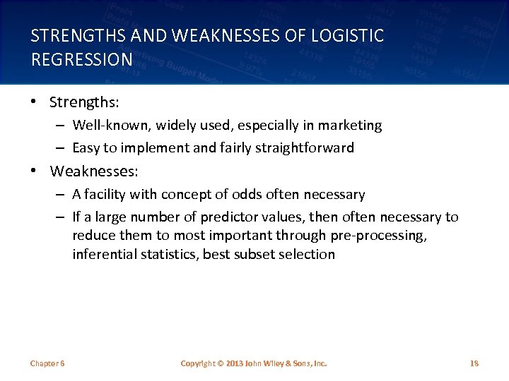 STRENGTHS AND WEAKNESSES OF LOGISTIC REGRESSION • Strengths: – Well-known, widely used, especially in