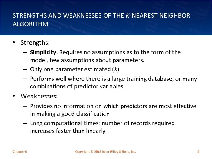 STRENGTHS AND WEAKNESSES OF THE K-NEAREST NEIGHBOR ALGORITHM • Strengths: – Simplicity. Requires no