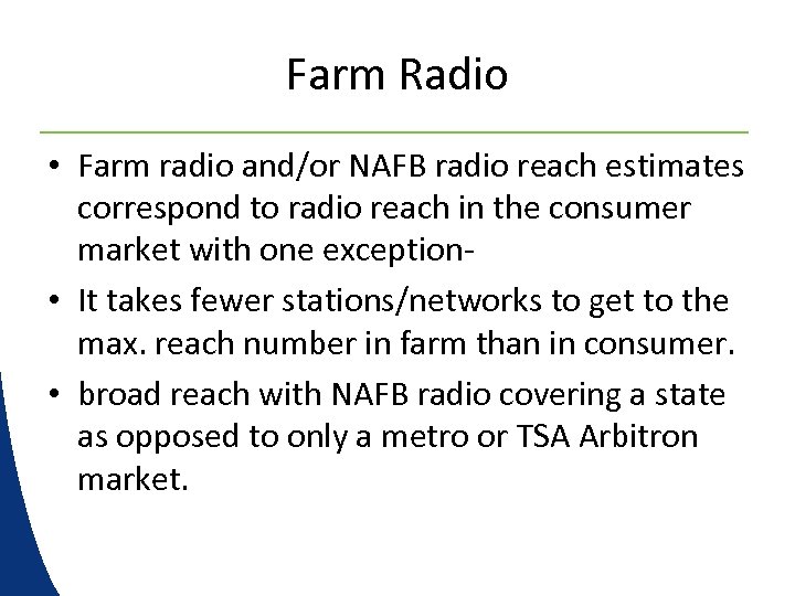 Farm Radio • Farm radio and/or NAFB radio reach estimates correspond to radio reach