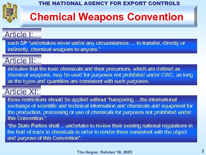 THE NATIONAL AGENCY FOR EXPORT CONTROLS Chemical Weapons Convention Article I: each SP “undertakes