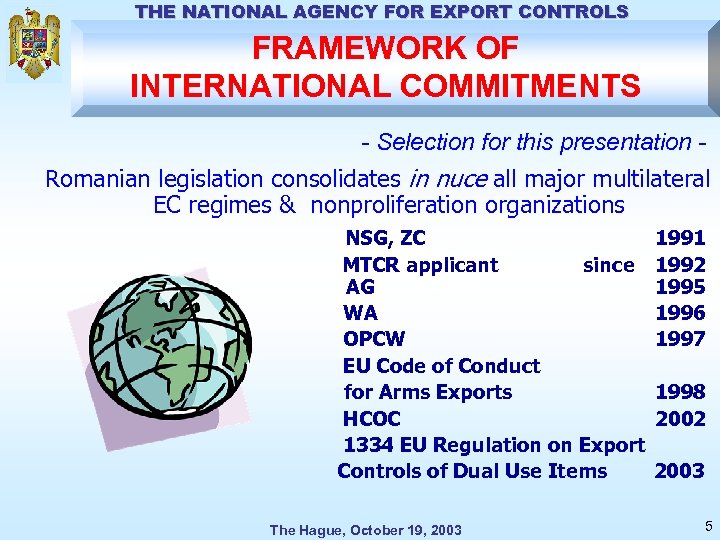 THE NATIONAL AGENCY FOR EXPORT CONTROLS FRAMEWORK OF INTERNATIONAL COMMITMENTS - Selection for this