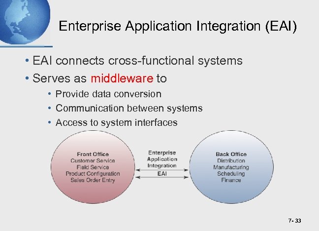 Enterprise Application Integration (EAI) • EAI connects cross-functional systems • Serves as middleware to