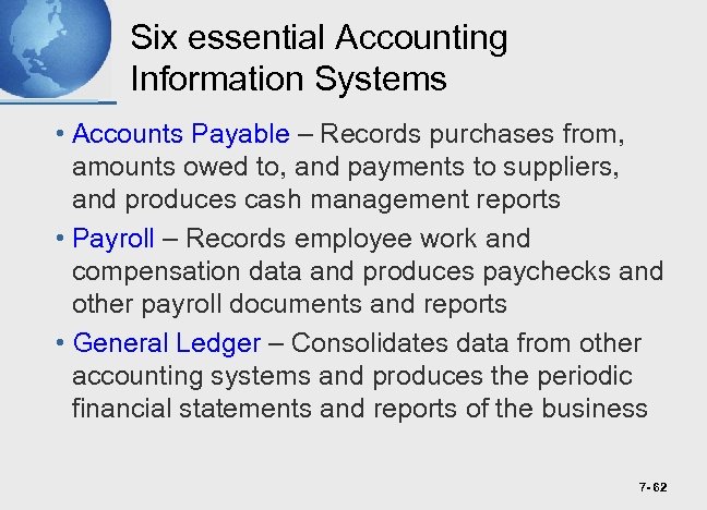 Six essential Accounting Information Systems • Accounts Payable – Records purchases from, amounts owed