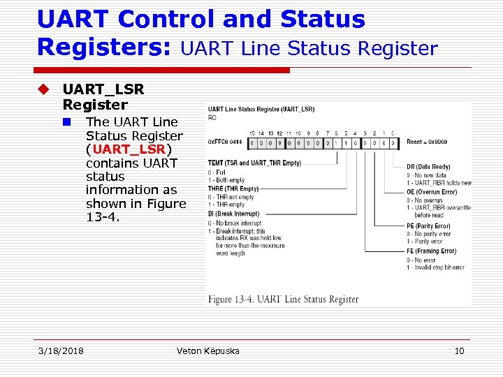 UART Control and Status Registers: UART Line Status Register u UART_LSR Register n 3/18/2018