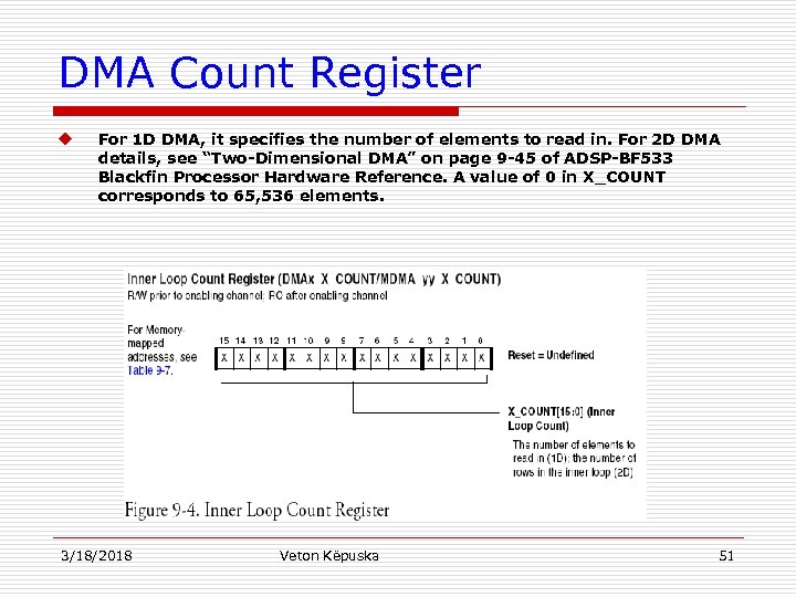 DMA Count Register u For 1 D DMA, it specifies the number of elements