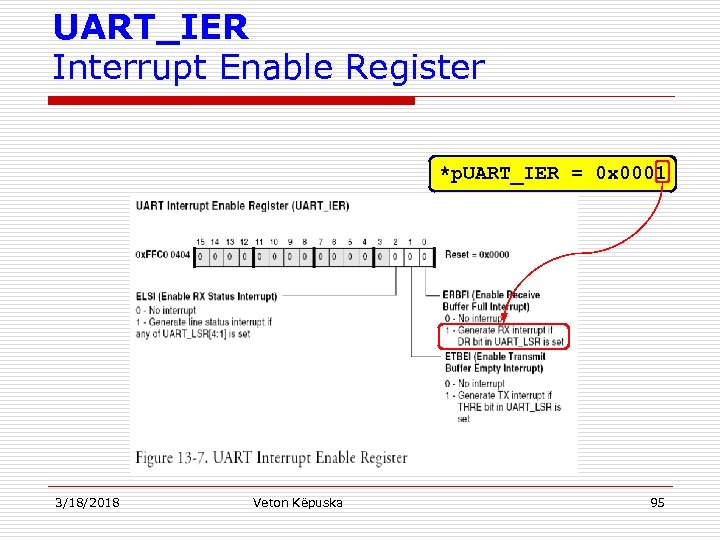 UART_IER Interrupt Enable Register *p. UART_IER = 0 x 0001 3/18/2018 Veton Këpuska 95