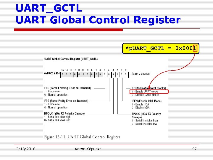 UART_GCTL UART Global Control Register *p. UART_GCTL = 0 x 0001 3/18/2018 Veton Këpuska