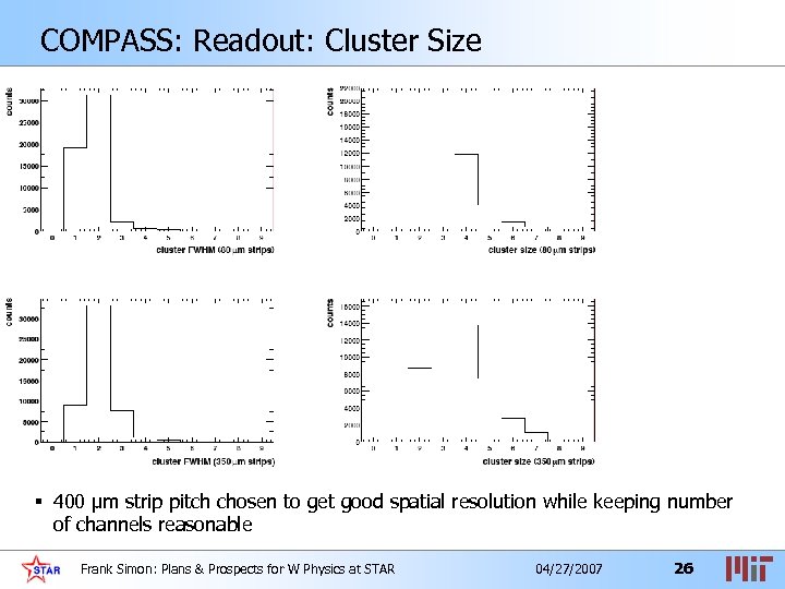 COMPASS: Readout: Cluster Size § 400 µm strip pitch chosen to get good spatial