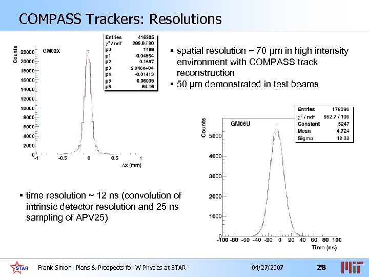 COMPASS Trackers: Resolutions § spatial resolution ~ 70 µm in high intensity environment with