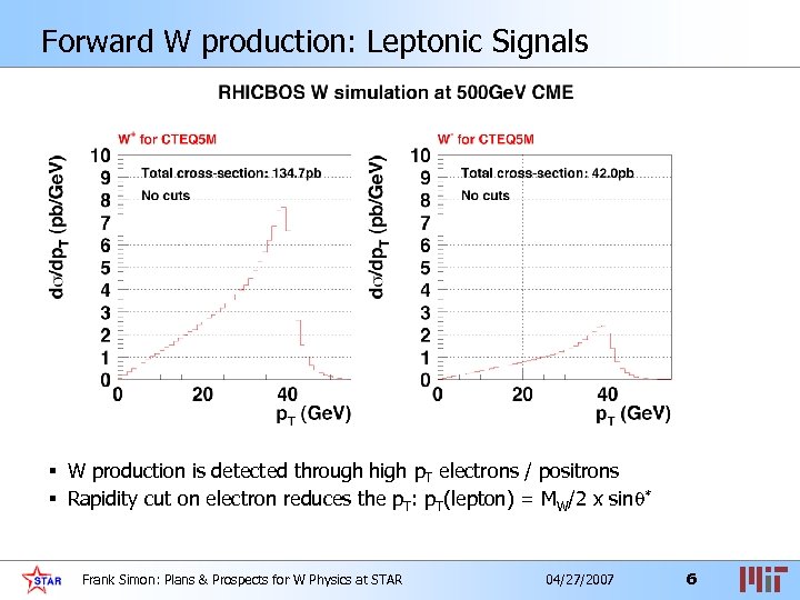 Forward W production: Leptonic Signals § W production is detected through high p. T