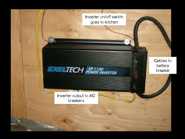 Inverter on/off switch goes to kitchen Cables to battery breaker Inverter output to AC