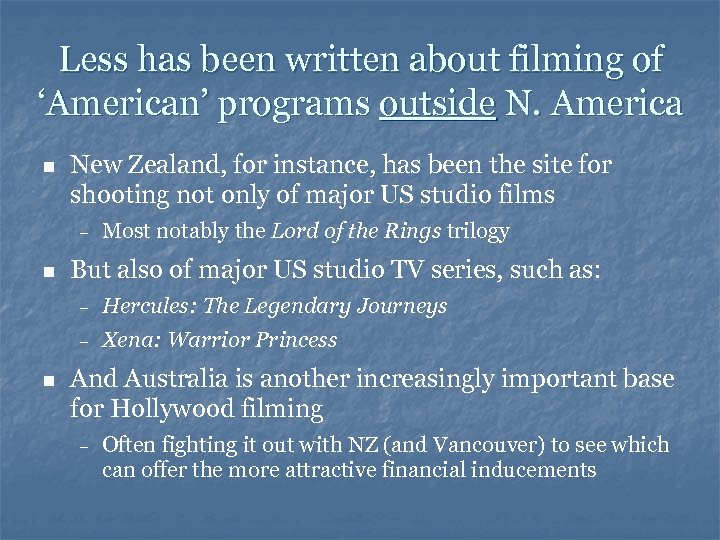 Less has been written about filming of ‘American’ programs outside N. America n New