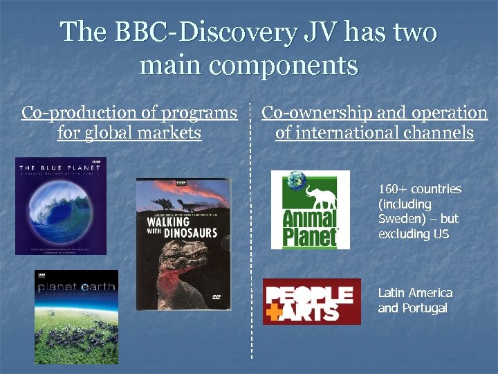 The BBC-Discovery JV has two main components Co-production of programs for global markets Co-ownership