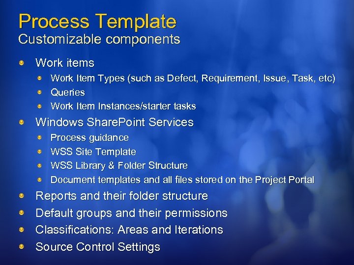 Process Template Customizable components Work items Work Item Types (such as Defect, Requirement, Issue,