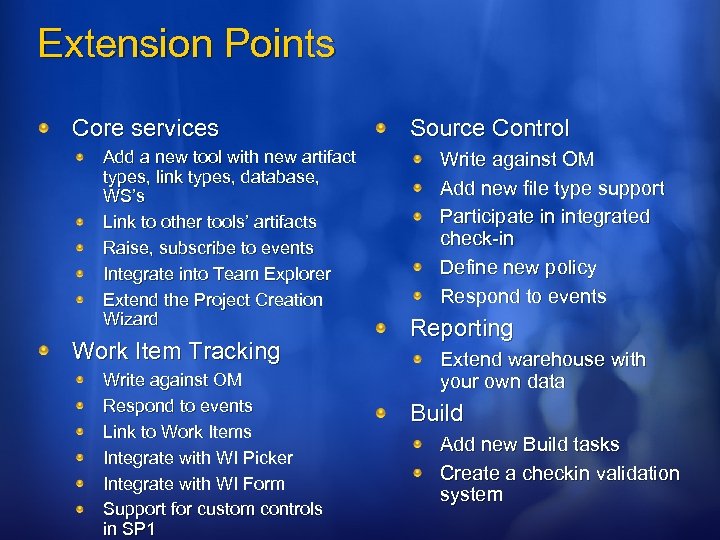 Extension Points Core services Add a new tool with new artifact types, link types,